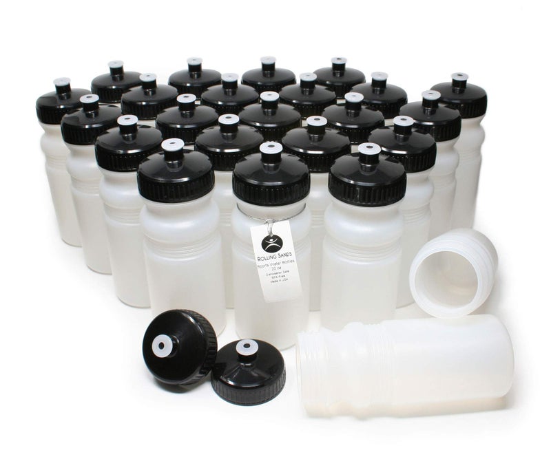 Rolling Sands Reusable Bulk Water Bottles 24 Pack - 20 Oz Sports Water Bottles, USA Made, BPA-Free, Wide Mouth for Easy Cleaning, Dishwasher Safe, Break Resistant - Clear Frost Bottle/Black Lid - Image 1
